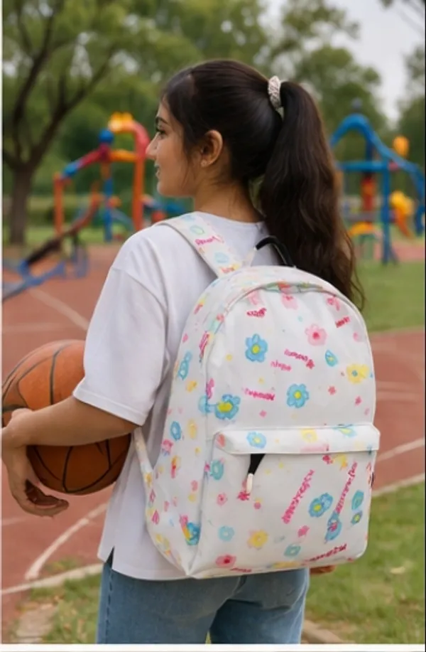 White_Polyester_Floral_Letter_Print_Casual_Backpack_For_Women