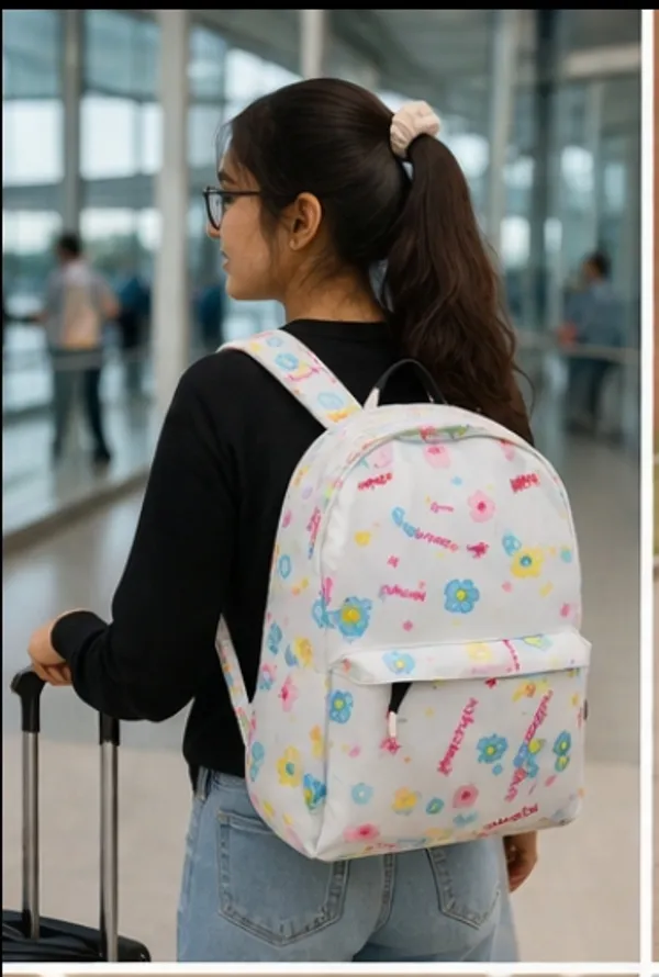 White_Polyester_Floral_Letter_Print_Casual_Backpack_For_Women