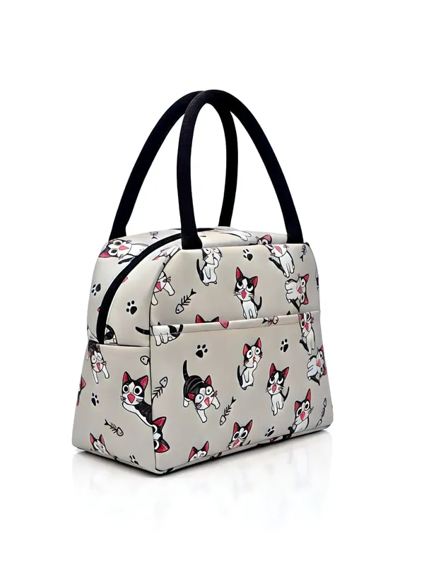 Beige_Polyester_Cat_Print_Structured_Handbag_For_Women