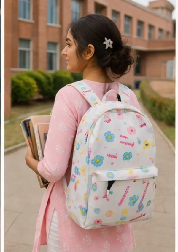 White_Polyester_Floral_Letter_Print_Casual_Backpack_For_Women