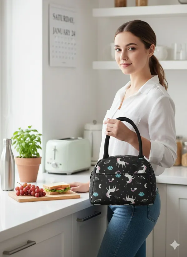 Black_Polyester_Unicorn_Print_Lunch_Bag_For_Women