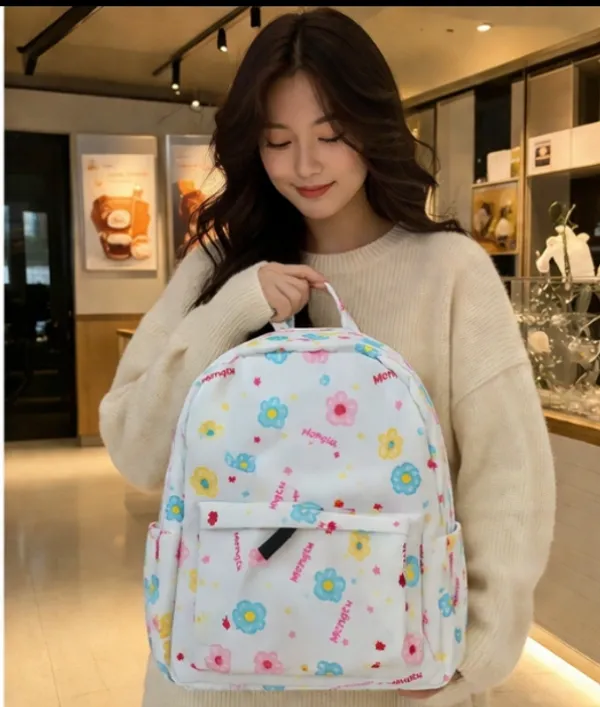 White_Polyester_Floral_Letter_Print_Casual_Backpack_For_Women
