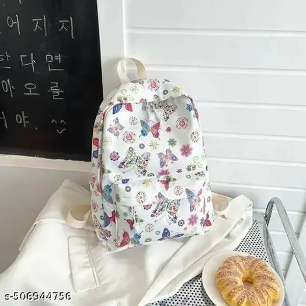 White_Polyester_Butterfly_Floral_Print_Backpack_For_Women