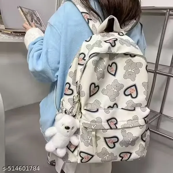 White_Polyester_Teddy_Bear_Print_Casual_Backpack_For_Women