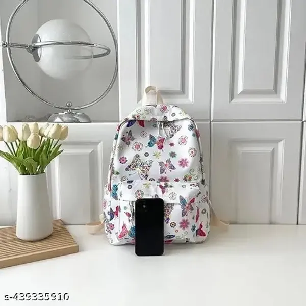 White_Polyester_Butterfly_Floral_Print_Backpack_For_Women