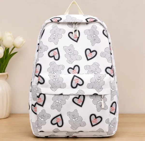 White_Polyester_Teddy_Bear_Heart_Print_Casual_Backpack_For_Women