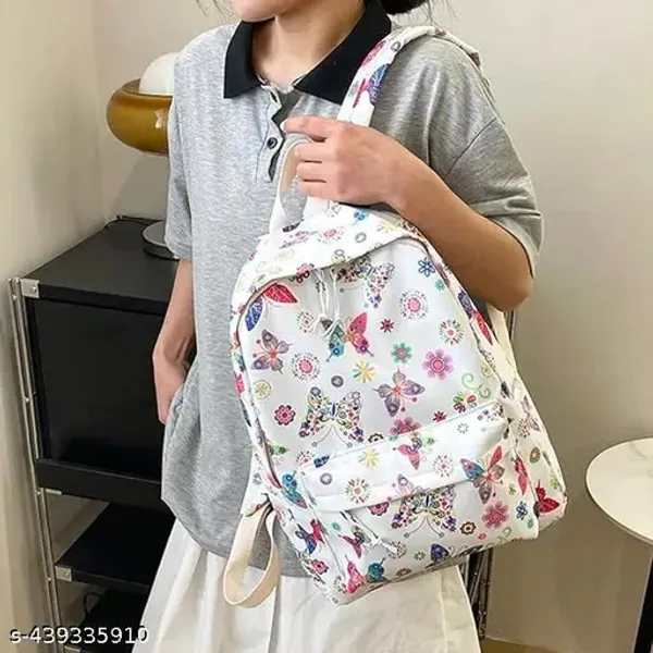 White_Polyester_Butterfly_Floral_Print_Backpack_For_Women