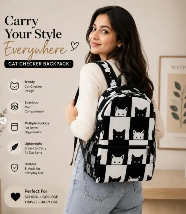 Black_White_Polyester_Checkered_Cat_Print_Backpack_For_Women