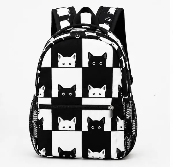 Black_White_Polyester_Checkered_Cat_Print_Backpack_For_Women