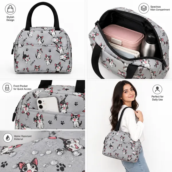 Beige_Polyester_Cat_Print_Structured_Handbag_For_Women