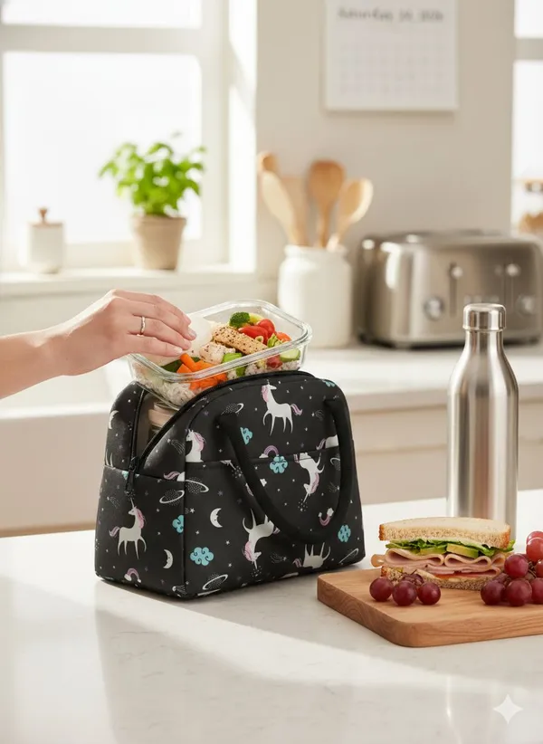Black_Polyester_Unicorn_Print_Lunch_Bag_For_Women