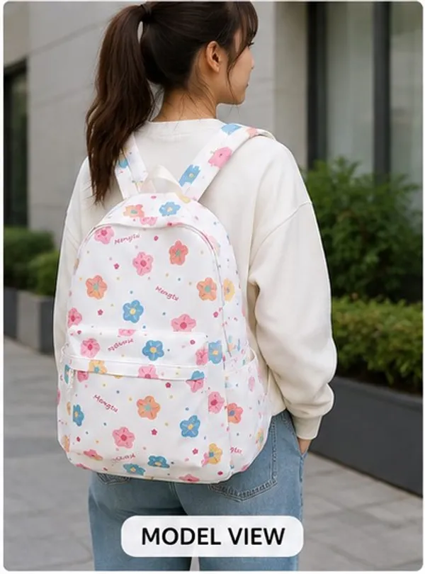 White_Polyester_Floral_Print_Casual_Backpack_For_Women