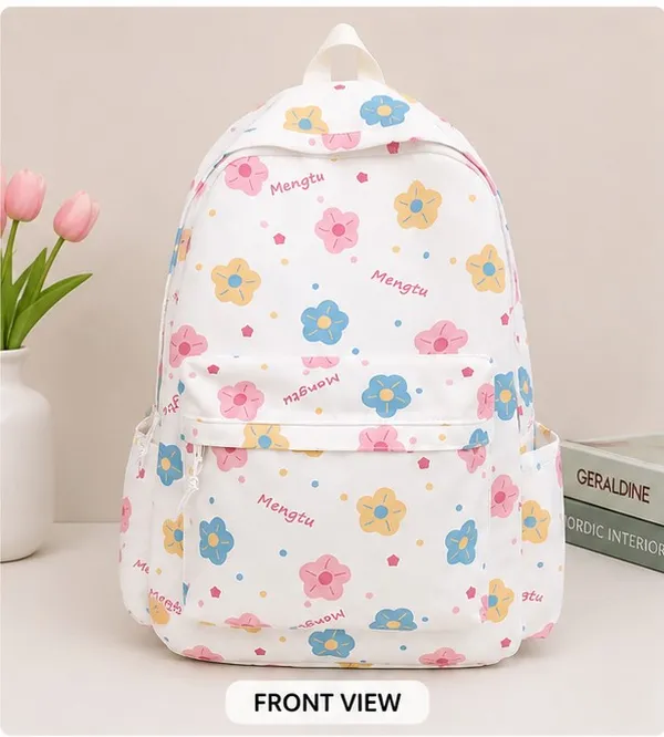 White_Polyester_Floral_Print_Casual_Backpack_For_Women