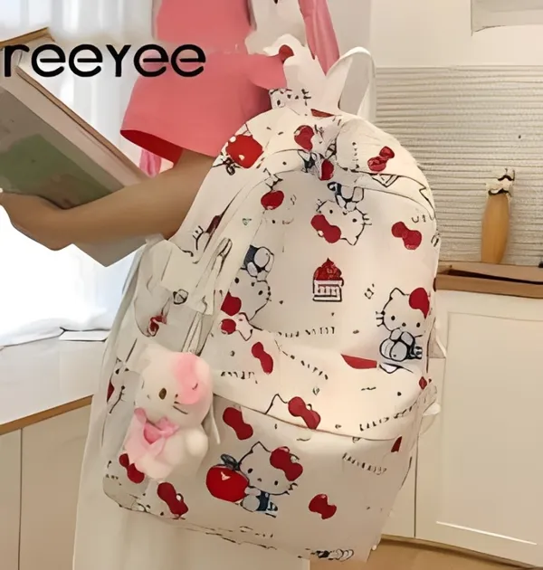 White_Polyester_Hello_Kitty_Character_Print_Backpack_For_Women