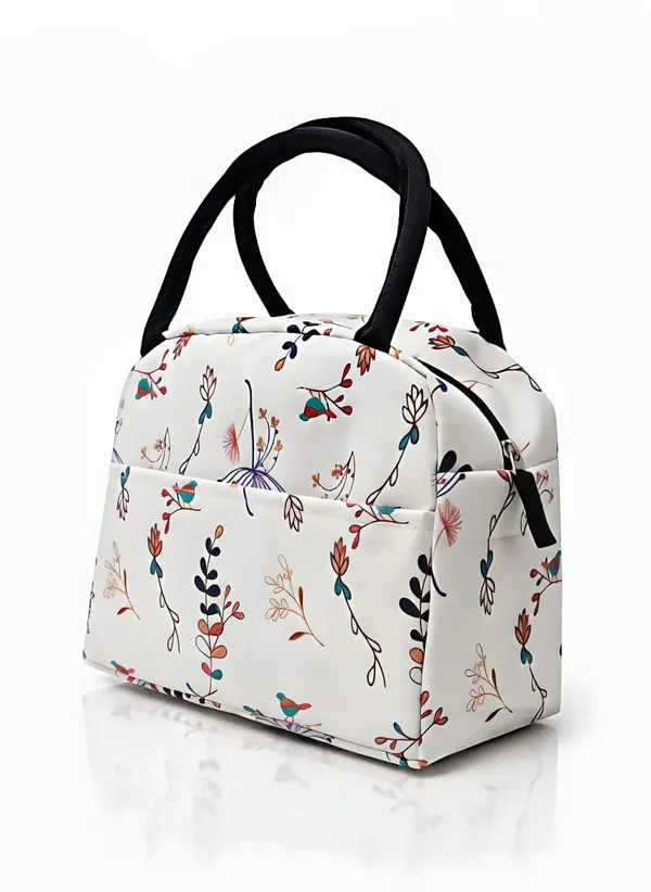 White_Polyester_Botanical_Print_Lunch_Bag_For_Women