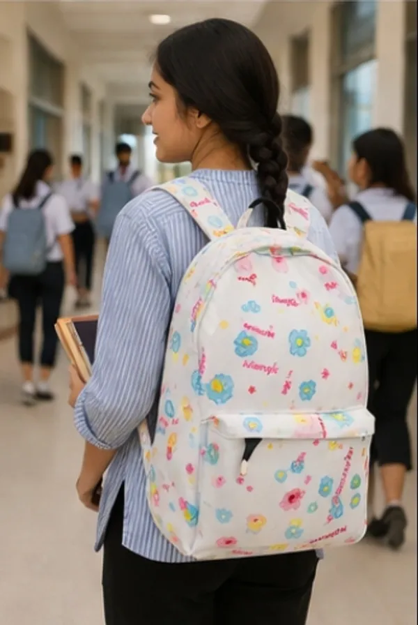 White_Polyester_Floral_Letter_Print_Casual_Backpack_For_Women