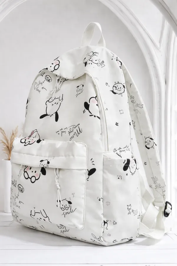 White_Polyester_Cartoon_Print_Casual_Backpack_For_Women