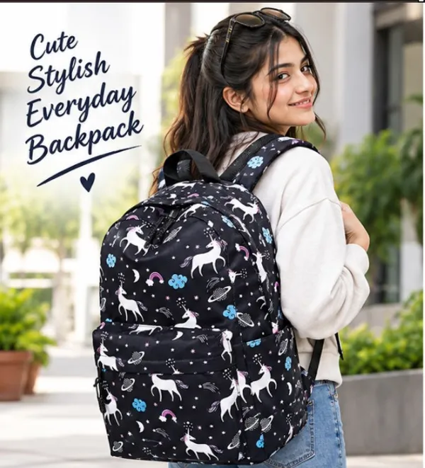 Black_Polyester_Unicorn_Print_Water_Resistant_Backpack_For_Women
