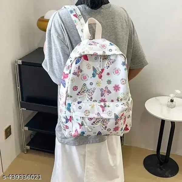 White_Polyester_Butterfly_Floral_Print_Backpack_For_Women