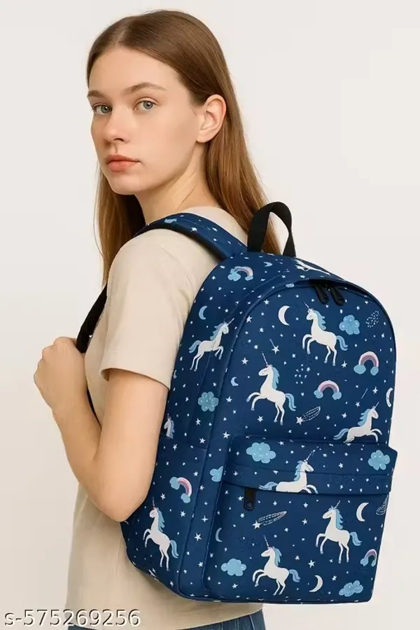 Black_Polyester_Unicorn_Print_Water_Resistant_Backpack_For_Women