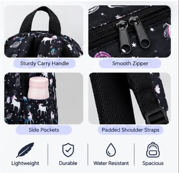 Black_Polyester_Unicorn_Print_Water_Resistant_Backpack_For_Women