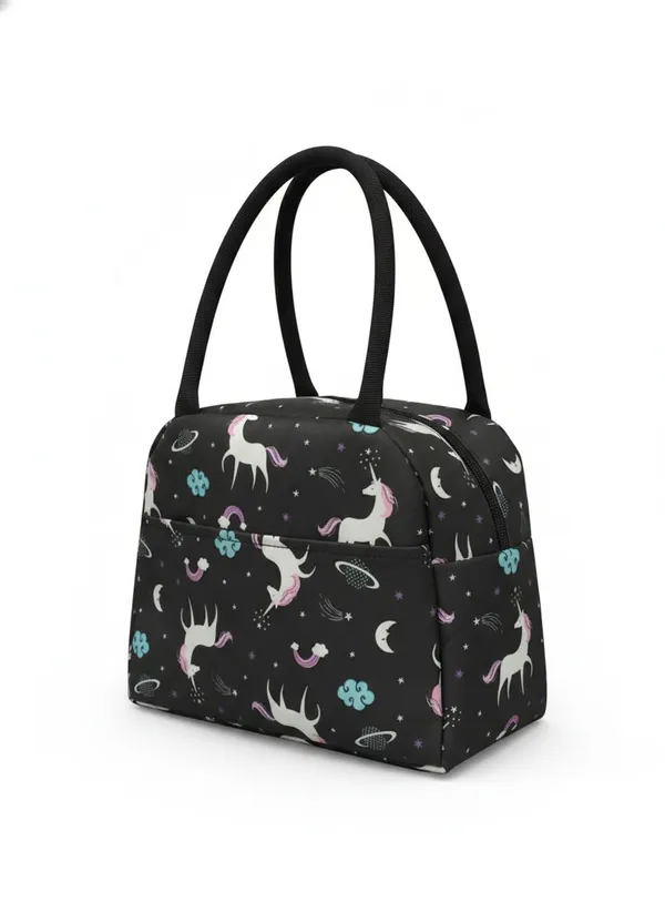 Black_Polyester_Unicorn_Print_Lunch_Bag_For_Women