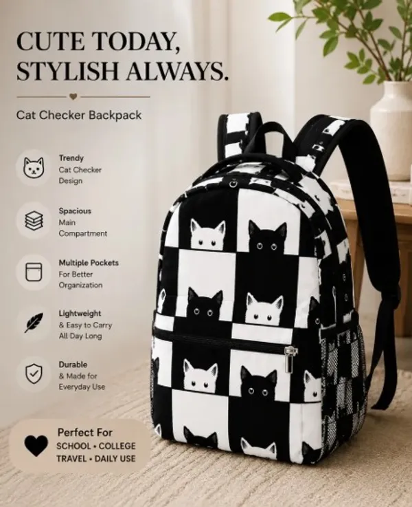 Black_White_Polyester_Checkered_Cat_Print_Backpack_For_Women