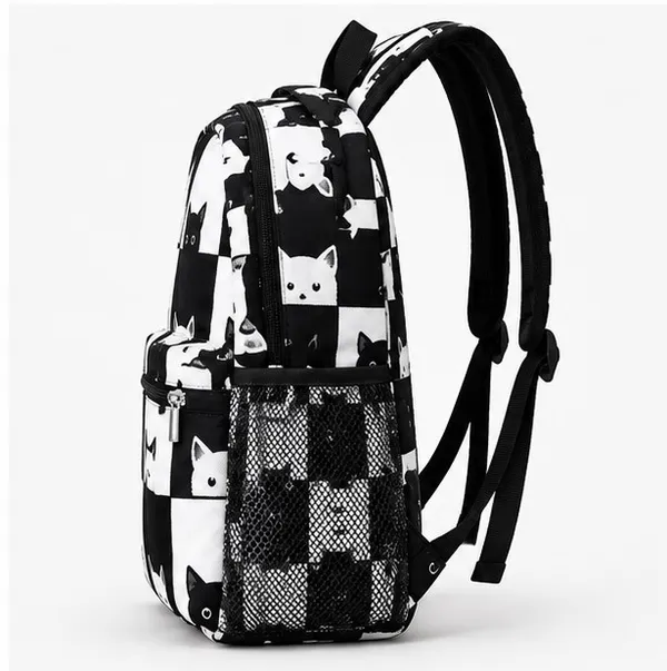 Black_White_Polyester_Checkered_Cat_Print_Backpack_For_Women