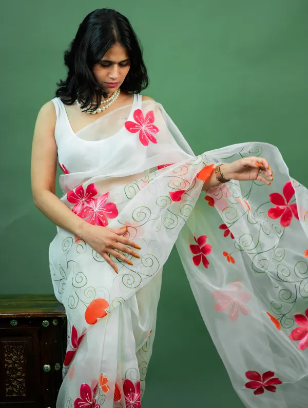 White_Organza_Floral_Print_Saree_for_Women
