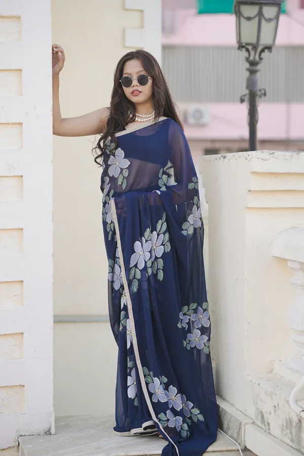 Navy_Blue_Floral_Print_Saree_For_Women