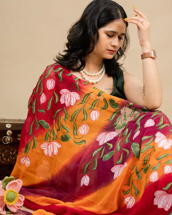 Orange_Red_Floral_Print_Saree_For_Women