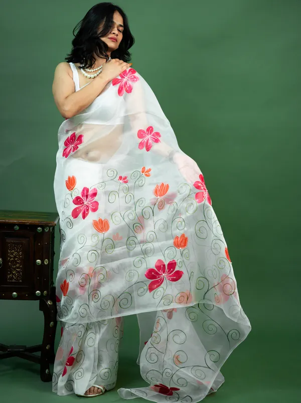 White_Organza_Floral_Print_Saree_for_Women