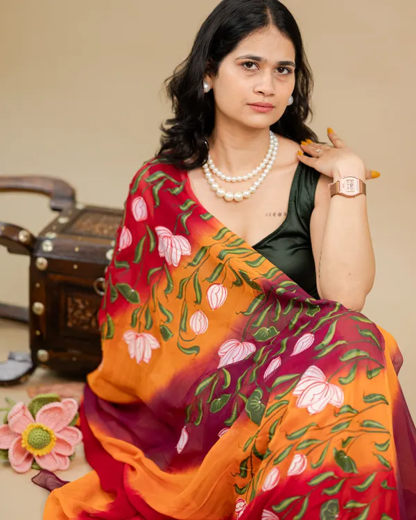 Orange_Red_Floral_Print_Saree_For_Women