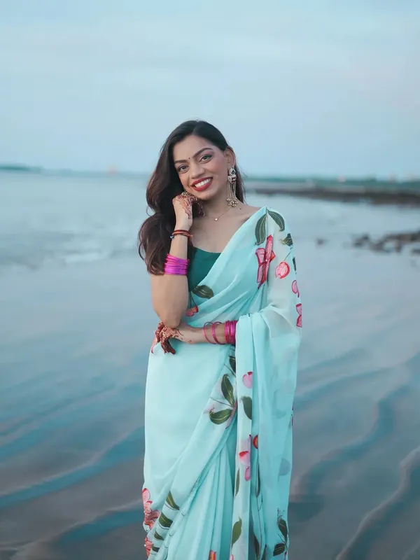 Aqua_Floral_Print_Saree_for_Women