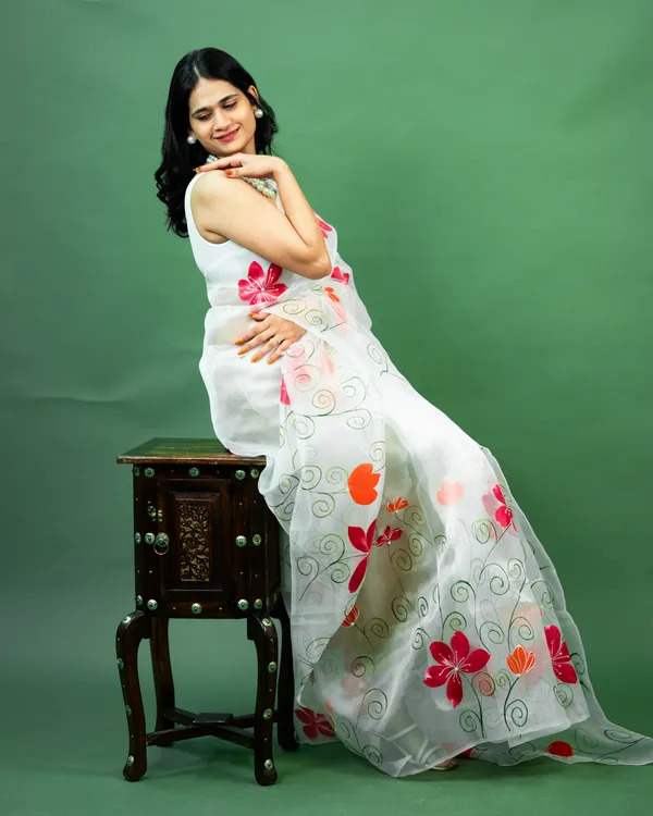 White_Organza_Floral_Print_Saree_for_Women