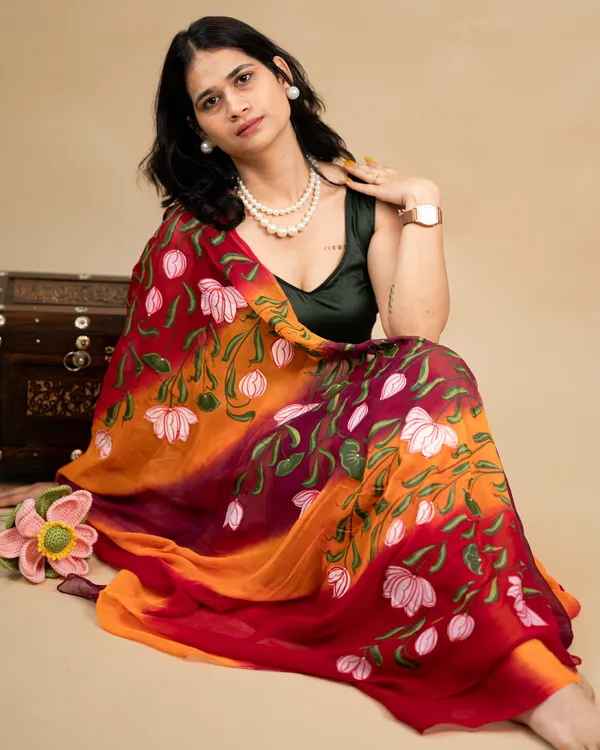 Orange_Red_Floral_Print_Saree_For_Women