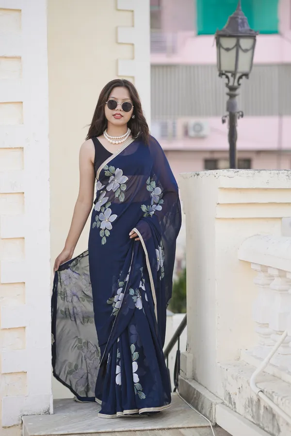 Navy_Blue_Floral_Print_Saree_For_Women