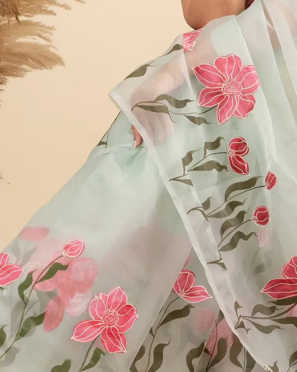 Mint_Sheer_Floral_Print_Saree_for_Women