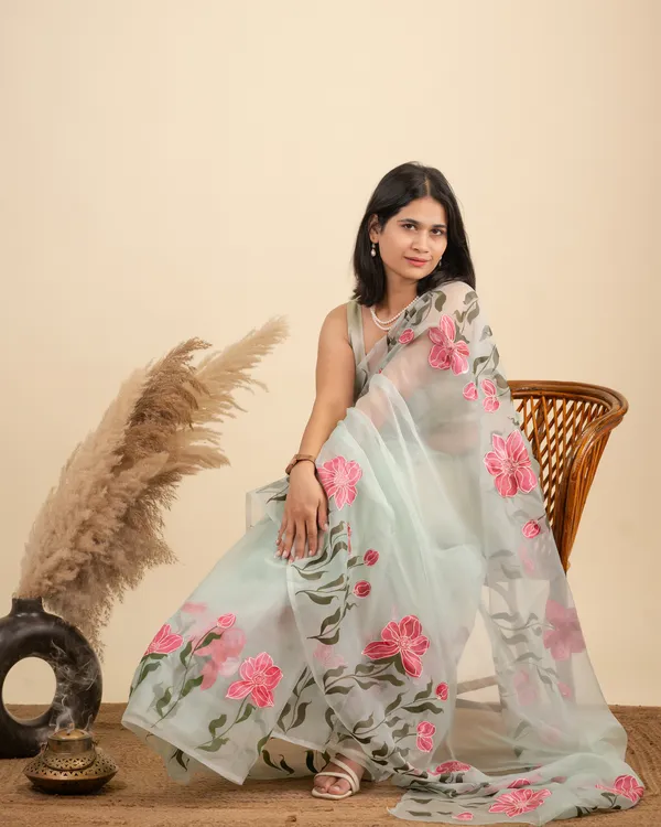 Mint_Sheer_Floral_Print_Saree_for_Women