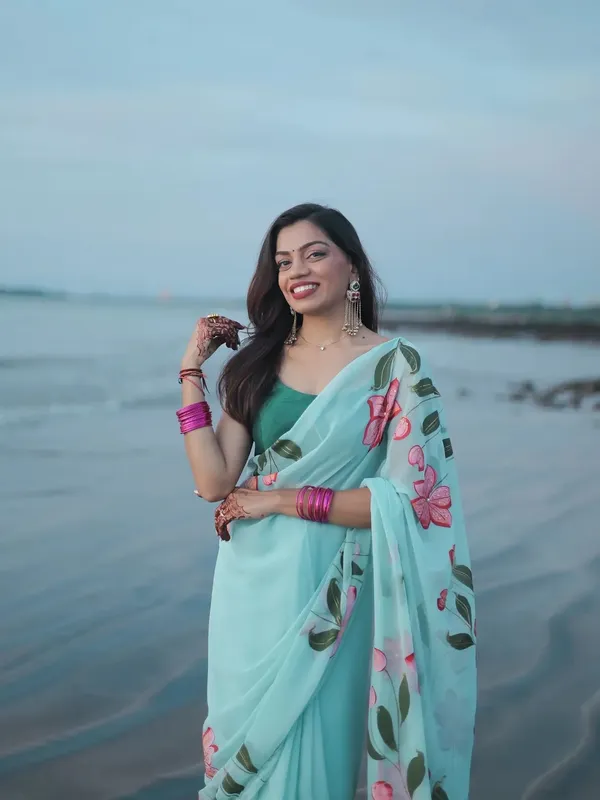 Aqua_Floral_Print_Saree_for_Women