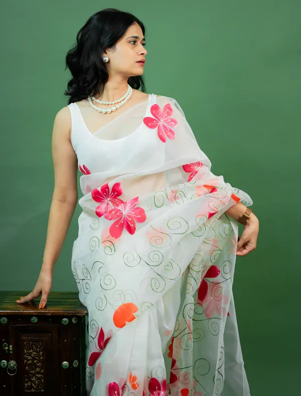 White_Organza_Floral_Print_Saree_for_Women