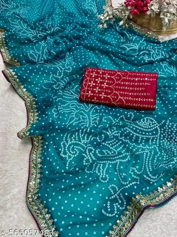 Teal_Printed_Saree_With_Red_Blouse_Piece_for_Women