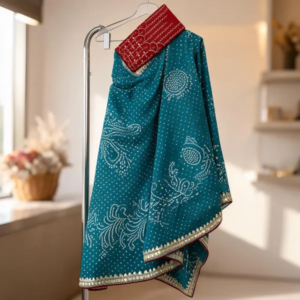 Teal_Printed_Saree_With_Red_Blouse_Piece_for_Women