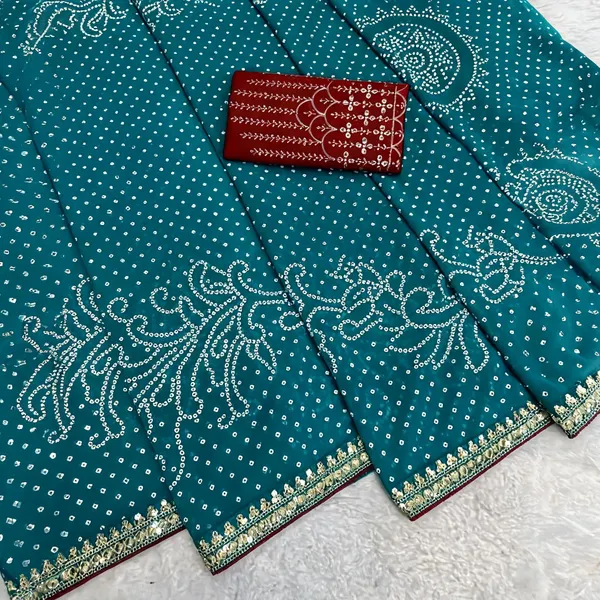 Teal_Printed_Saree_With_Red_Blouse_Piece_for_Women