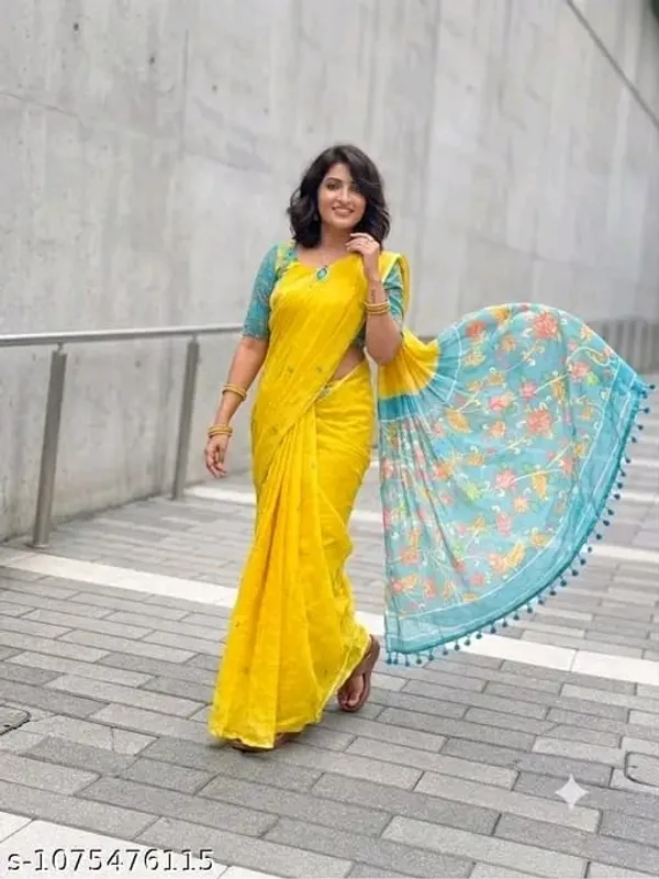 Yellow_Floral_Print_Saree_For_Women