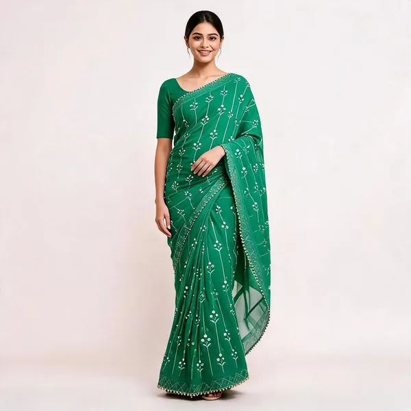 Greenish_Teal_Pure_Georgette_Shimmer_Zari_Saree_For_Women
