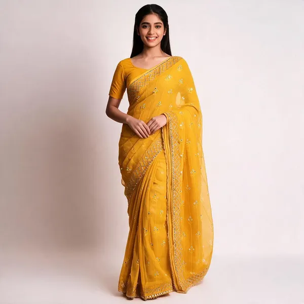Orange_Gold_Pure_Georgette_Shimmer_Mirror_Work_Saree_For_Women