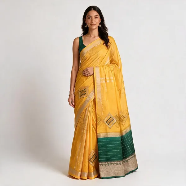 Yellowish_Orange_Tissue_Silk_Zari_Saree_For_Women