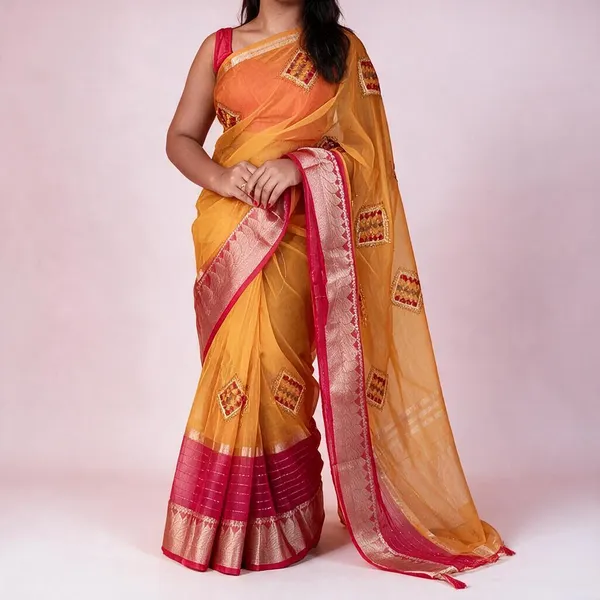 French_Rose_Tissue_Silk_Geometric_Saree_For_Women