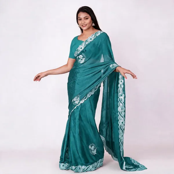 Sea_Green_Chiffon_Floral_Patchwork_Saree_For_Women